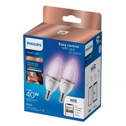 Rinkinys, 2 vnt. LED RGB reguliuojamų lempučių Philips SMART C37 E14/4,9W/230V 2200-6500K CRI 90
