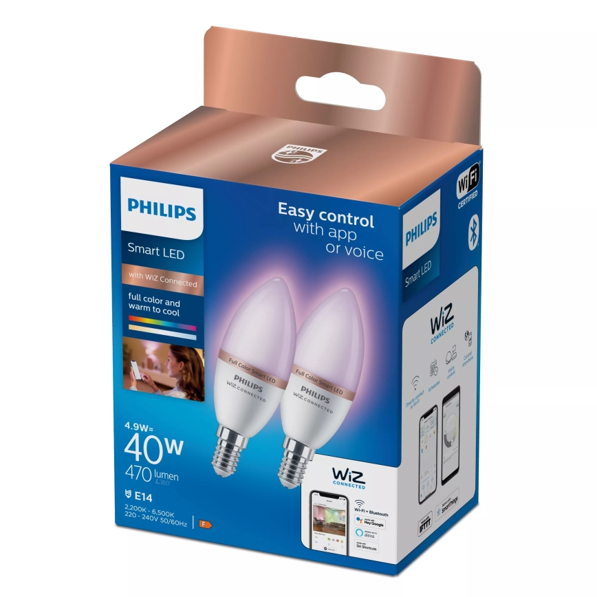 Rinkinys, 2 vnt. LED RGB reguliuojamų lempučių Philips SMART C37 E14/4,9W/230V 2200-6500K CRI 90