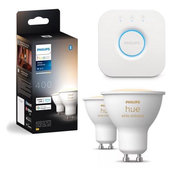 Komplektas (2 vnt.) — dimeriuojamos Philips Hue White Ambiance GU10 LED lemputės, 4,2W / 230V, 2200–6500K + Hue Bridge