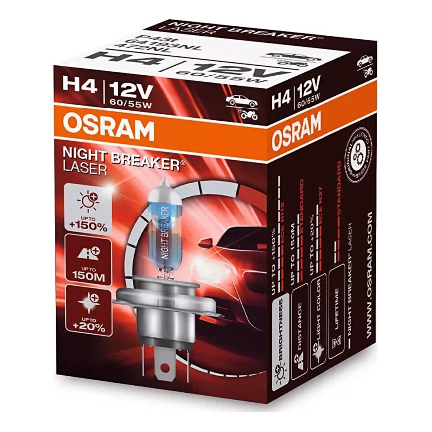 KOMPLEKTAS 2x Automobilio lemputė NIGHT BREAKER H4 P43t/60/55W/12V 3900K - Osram