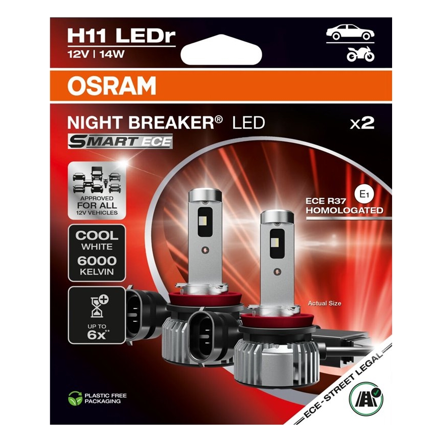 Komplektas 2x LED automobilinės lemputės NIGHT BREAKER SMART H11 PGJ19-2/14W/12V 6000K - Osram