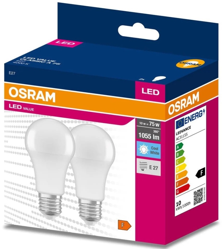 KOMPLEKTAS 2x LED elektros lemputė A60 E27/10W/230V 4000K - Osram