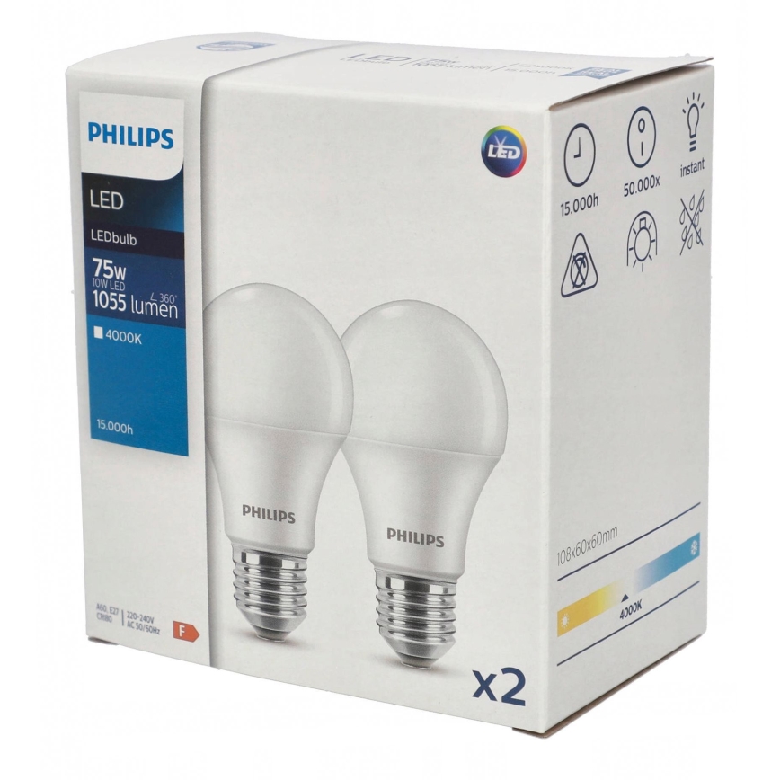 KOMPLEKTAS 2x LED elektros lemputė Philips A60 E27/10W/230V 4000K