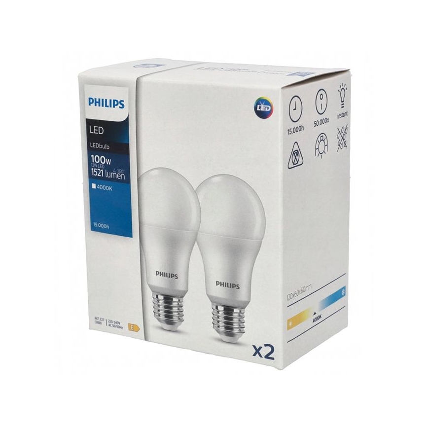 KOMPLEKTAS 2x LED elektros lemputė Philips A67 E27/13W/230V 4000K