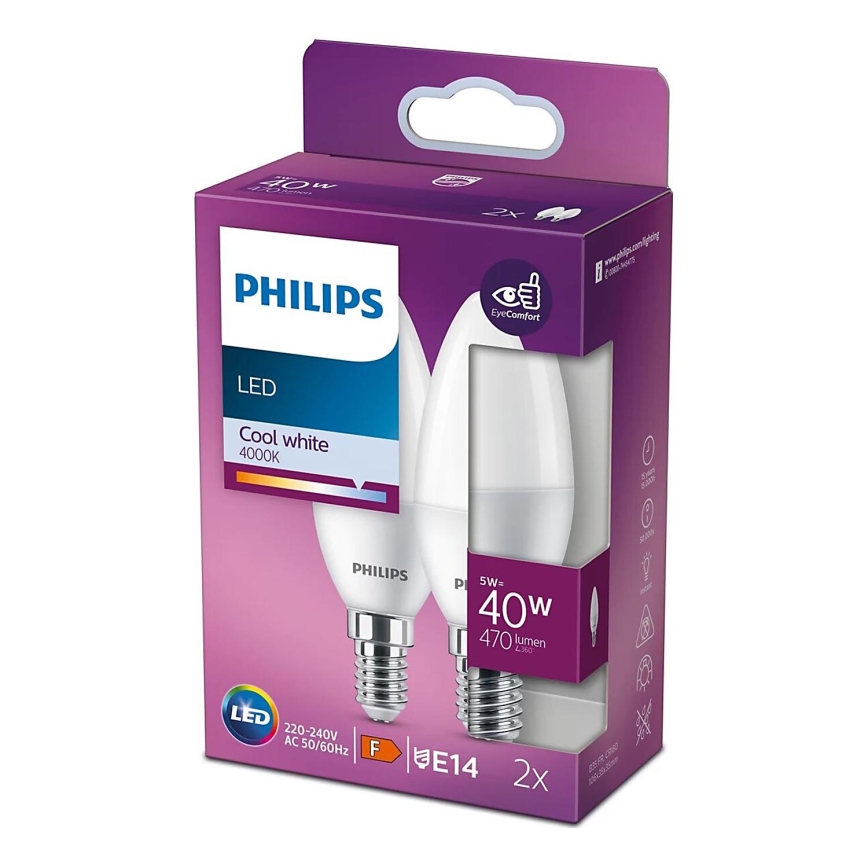 KOMPLEKTAS 2x LED elektros lemputė Philips B35 E14/5W/230V 4000K
