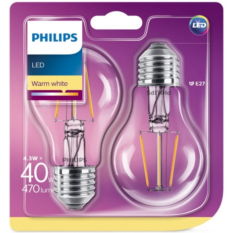 KOMPLEKTAS 2x LED Elektros lemputė Philips E27/4,3W/230V 2700K