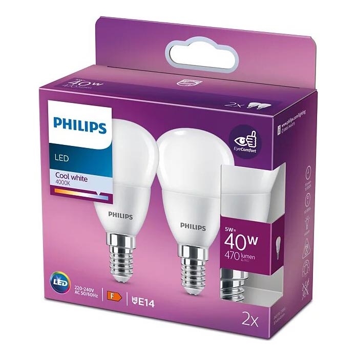 KOMPLEKTAS 2x LED elektros lemputė Philips P45 E14/5W/230V 4000K
