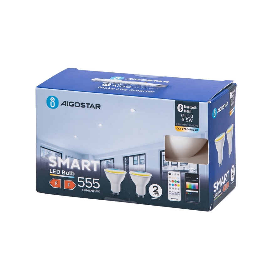 KOMPLEKTAS 2x LED pritemdoma elektros lemputė MESH Išmanus GU10/6,5W/230V 2700-6500K + nuotolinio valdymo pultas - Aigostar