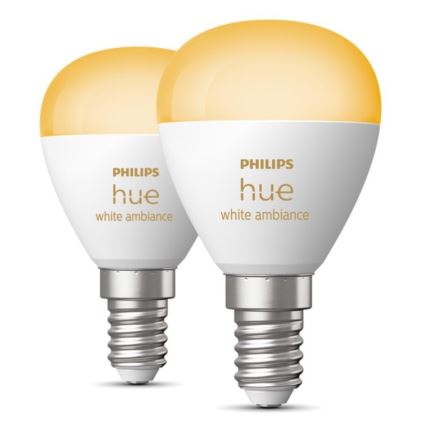 KOMPLEKTAS 2x LED pritemdoma elektros lemputė Philips Hue WHITE AMBIANCE P45 E14/5,1W/230V 2200-6500K