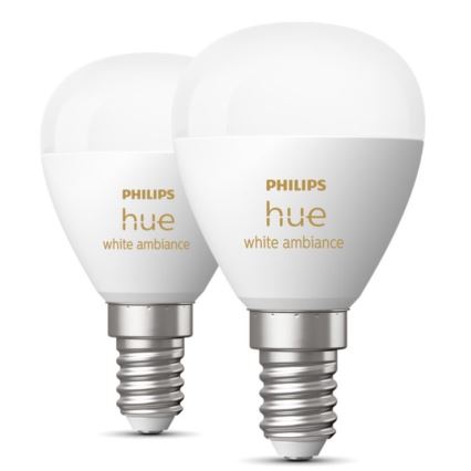 KOMPLEKTAS 2x LED pritemdoma elektros lemputė Philips Hue WHITE AMBIANCE P45 E14/5,1W/230V 2200-6500K