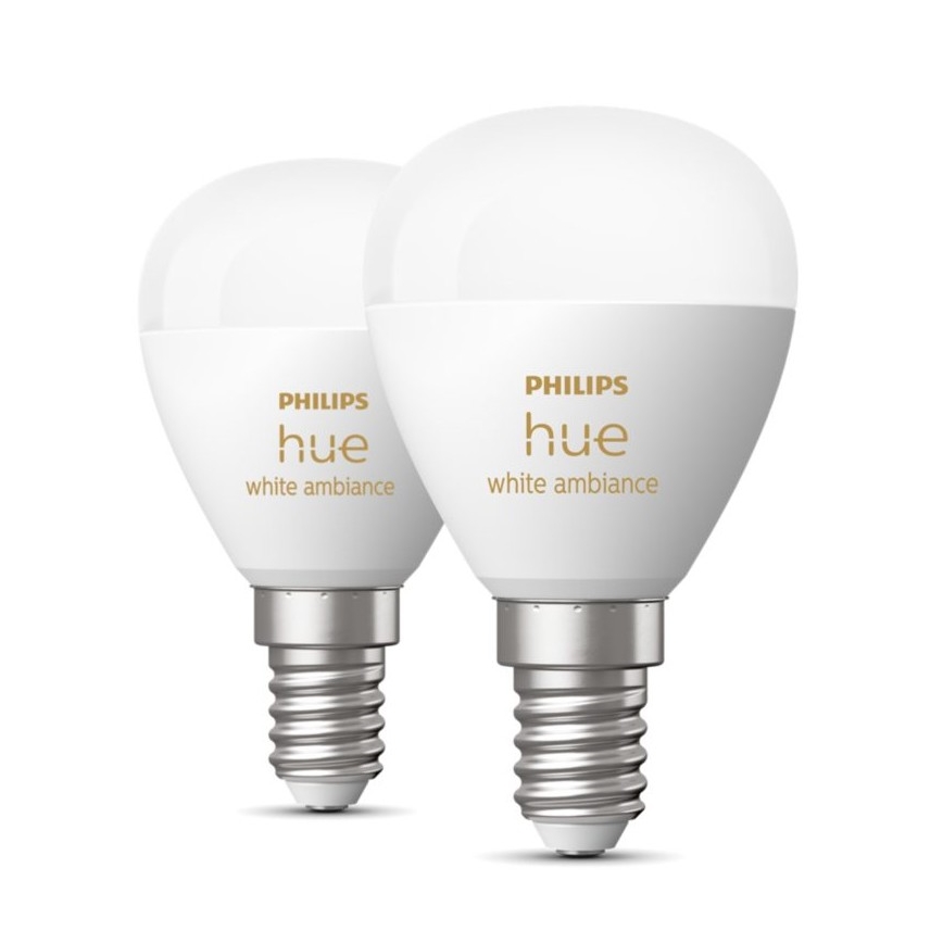 KOMPLEKTAS 2x LED pritemdoma elektros lemputė Philips Hue WHITE AMBIANCE P45 E14/5,1W/230V 2200-6500K