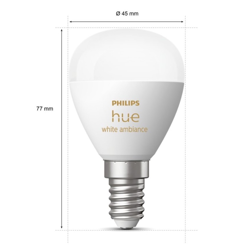 KOMPLEKTAS 2x LED pritemdoma elektros lemputė Philips Hue WHITE AMBIANCE P45 E14/5,1W/230V 2200-6500K