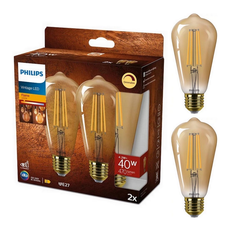 KOMPLEKTAS 2x LED pritemdoma elektros lemputė VINTAGE Philips ST64 E27/4,2W/230V 2200K