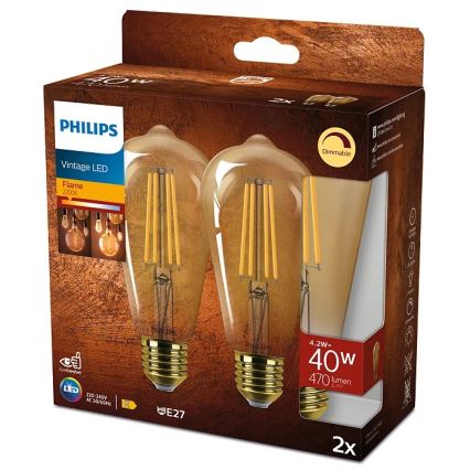 KOMPLEKTAS 2x LED pritemdoma elektros lemputė VINTAGE Philips ST64 E27/4,2W/230V 2200K