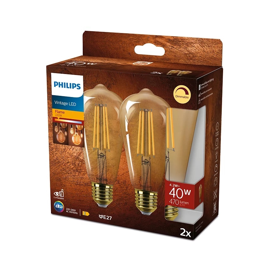 KOMPLEKTAS 2x LED pritemdoma elektros lemputė VINTAGE Philips ST64 E27/4,2W/230V 2200K
