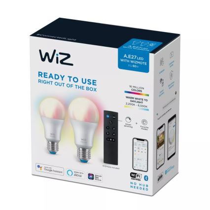 KOMPLEKTAS 2x LED RGBW Reguliuojama lemputė A60 E27/8,5W/230V 2200-6500K Wi-Fi + nuotolinio valdymo pultas - WiZ