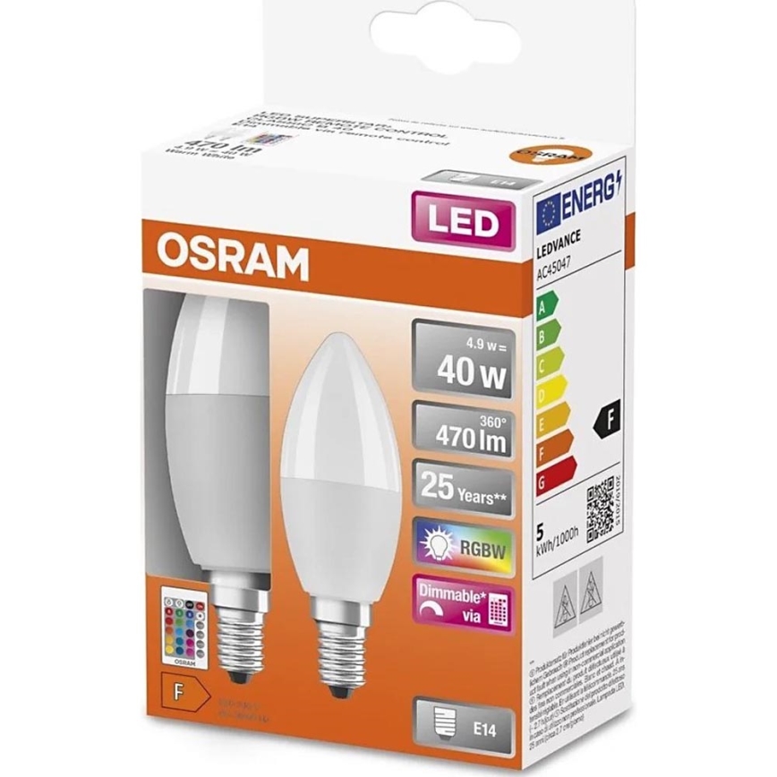 KOMPLEKTAS 2x LED RGBW Reguliuojama lemputė B38 E14/4,9W/230V 2700K + nuotolinio valdymo pultas - Osram