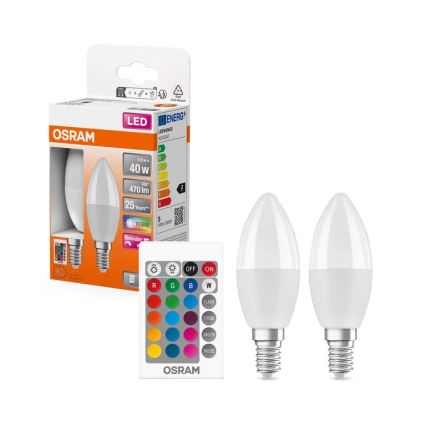 KOMPLEKTAS 2x LED RGBW Reguliuojama lemputė B38 E14/4,9W/230V 2700K + nuotolinio valdymo pultas - Osram
