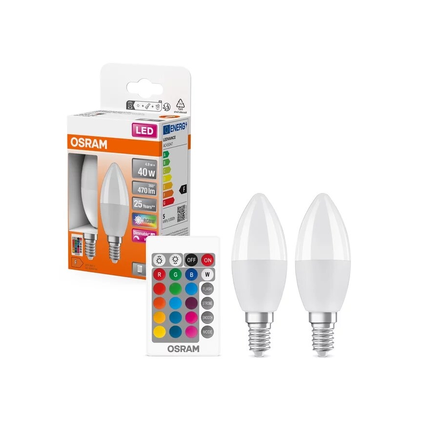 KOMPLEKTAS 2x LED RGBW Reguliuojama lemputė B38 E14/4,9W/230V 2700K + nuotolinio valdymo pultas - Osram