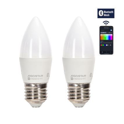 KOMPLEKTAS 2x LED RGBW Reguliuojama lemputė MESH Išmanus C37 E27/6,5W/230V 2700-6500K + nuotolinio valdymo pultas - Aigostar