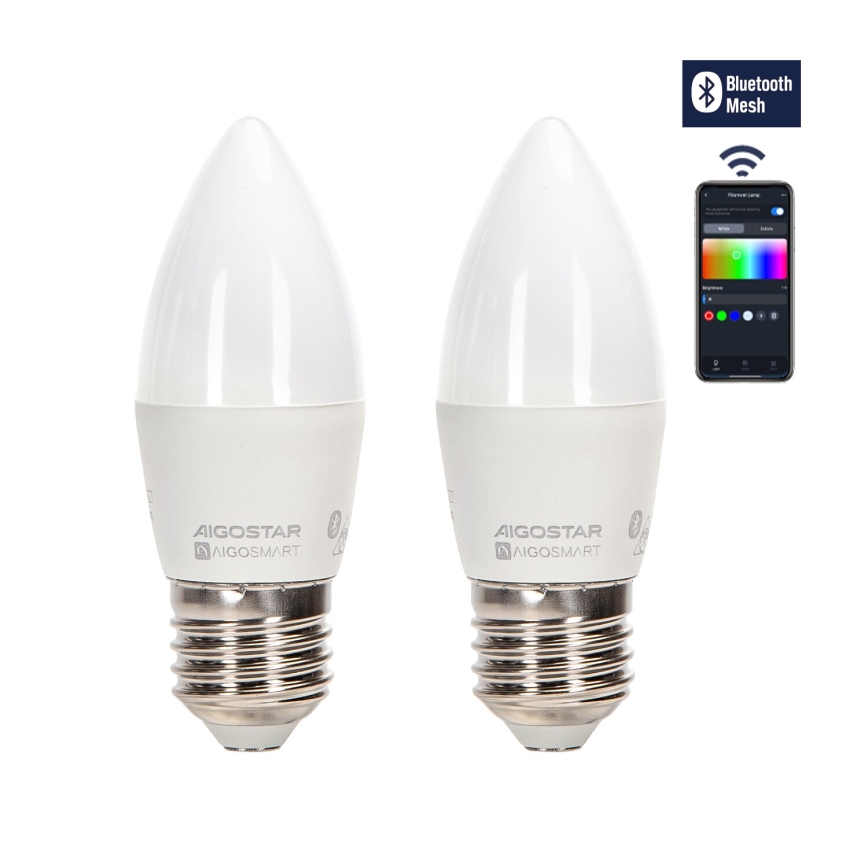 KOMPLEKTAS 2x LED RGBW Reguliuojama lemputė MESH Išmanus C37 E27/6,5W/230V 2700-6500K + nuotolinio valdymo pultas - Aigostar