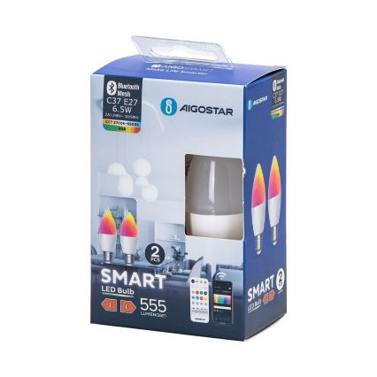 KOMPLEKTAS 2x LED RGBW Reguliuojama lemputė MESH Išmanus C37 E27/6,5W/230V 2700-6500K + nuotolinio valdymo pultas - Aigostar