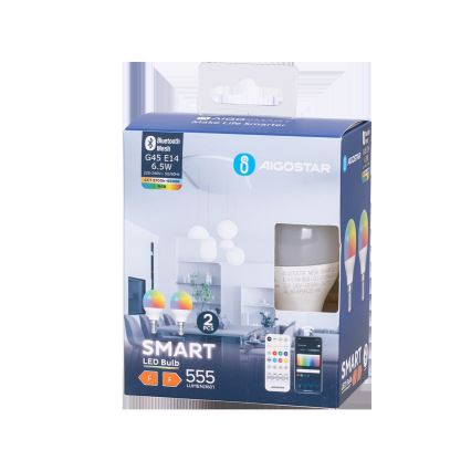 KOMPLEKTAS 2x LED RGBW Reguliuojama lemputė MESH Išmanus G45 E14/6,5W/230V 2700-6500K - Aigostar