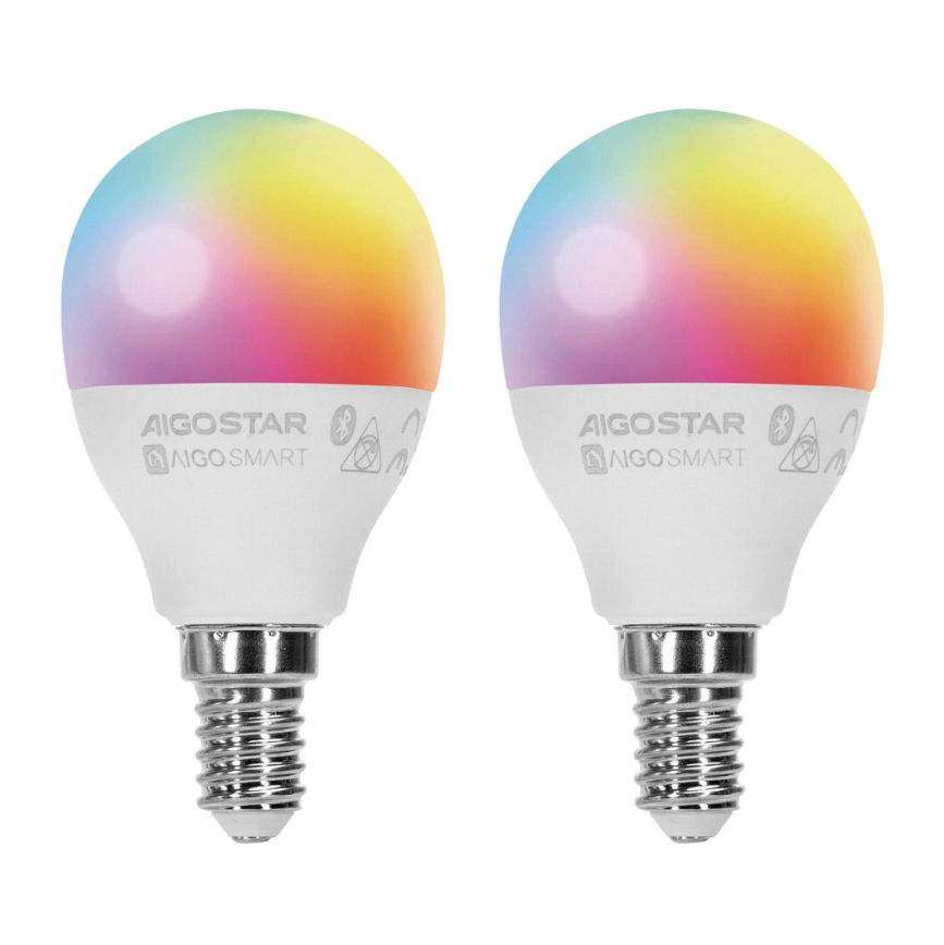 KOMPLEKTAS 2x LED RGBW Reguliuojama lemputė MESH Išmanus G45 E14/6,5W/230V 2700-6500K - Aigostar