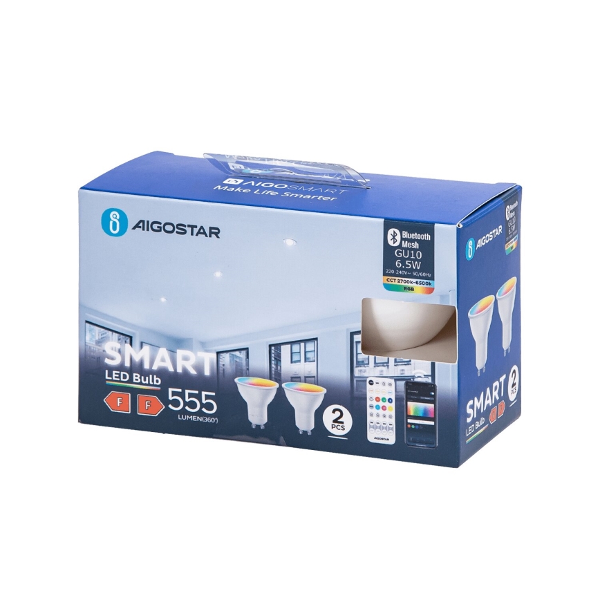 KOMPLEKTAS 2x LED RGBW Reguliuojama lemputė MESH Išmanus GU10/6,5W/230V 2700-6500K - Aigostar