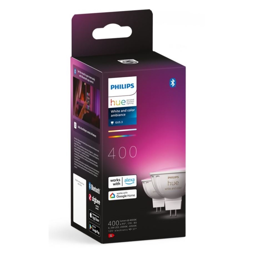 KOMPLEKTAS 2x LED RGBW Reguliuojama lemputė Philips Hue White And Color Ambiance GU5,3/MR16/6,3W/12V 2000-6500K