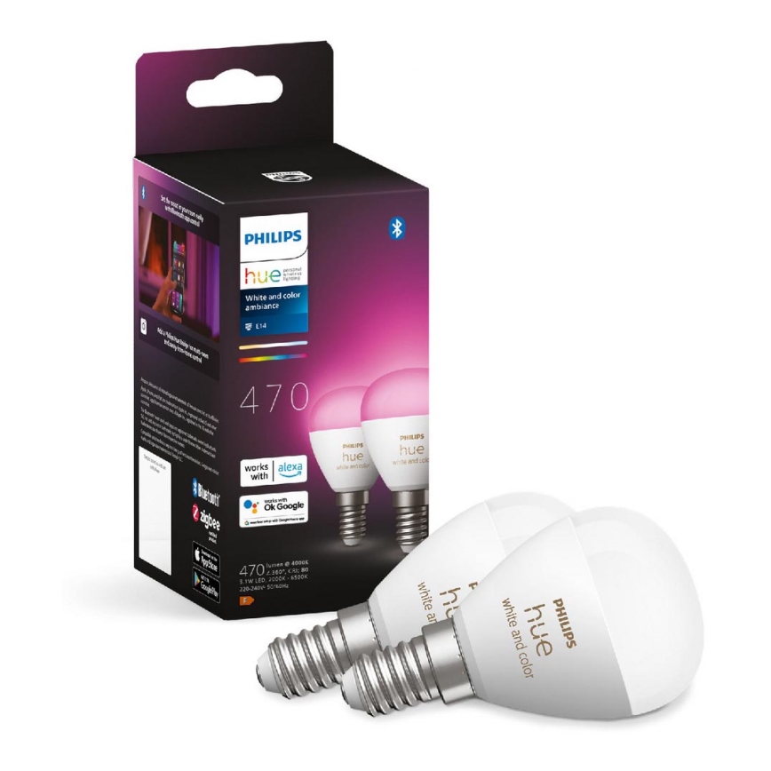 KOMPLEKTAS 2x LED RGBW Reguliuojama lemputė Philips Hue White And Color Ambiance P45 E14/5,1W/230V 2000-6500K