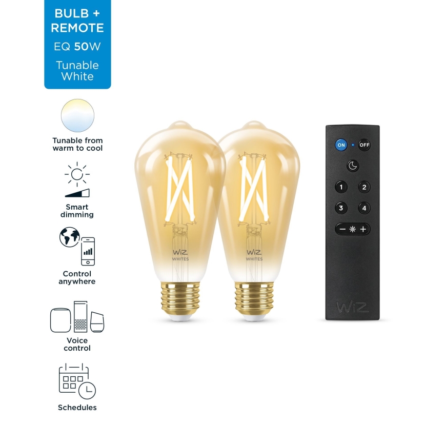 KOMPLEKTAS 2x LED pritemdoma elektros lemputė ST64 E27/7W/230V 2000-5000K CRI 90 Wi-Fi + nuotolinio valdymo pultas - WiZ