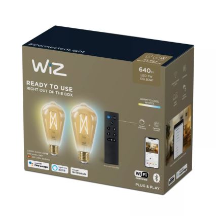 KOMPLEKTAS 2x LED pritemdoma elektros lemputė ST64 E27/7W/230V 2000-5000K CRI 90 Wi-Fi + nuotolinio valdymo pultas - WiZ