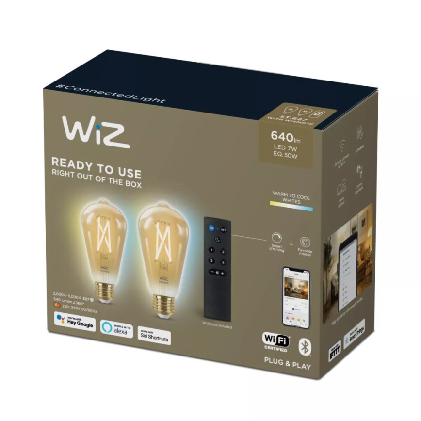 KOMPLEKTAS 2x LED pritemdoma elektros lemputė ST64 E27/7W/230V 2000-5000K CRI 90 Wi-Fi + nuotolinio valdymo pultas - WiZ