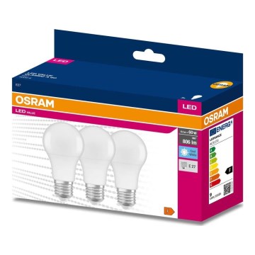 Komplektas: 3 vnt. LED lemputės A60 E27/8,5W/230V 6500K - Osram