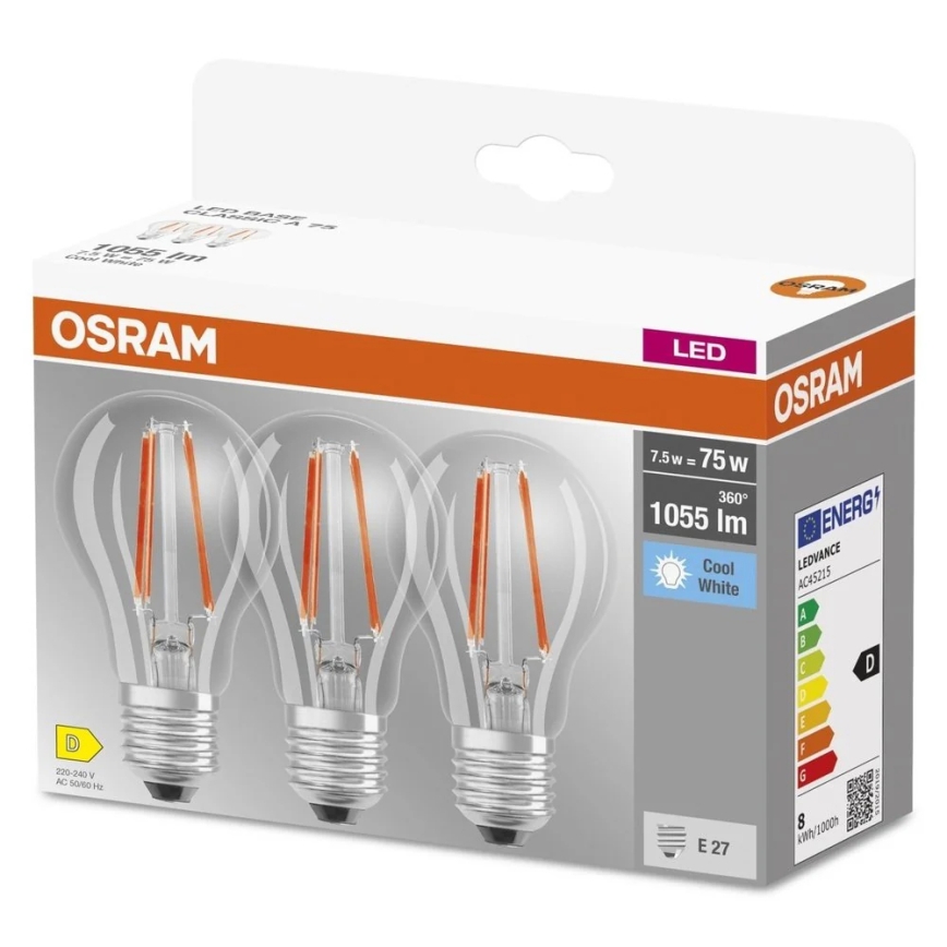 Komplektas 3 vnt. LED lemputės BASE CLASSIC FILAMENT A60 E27/7,5W/230V 4000K - Osram