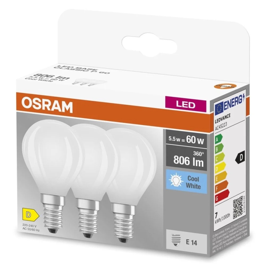 Komplektas 3 vnt. LED lemputės BASE CLASSIC FILAMENT E14/5,9W/230V 4000K - Osram