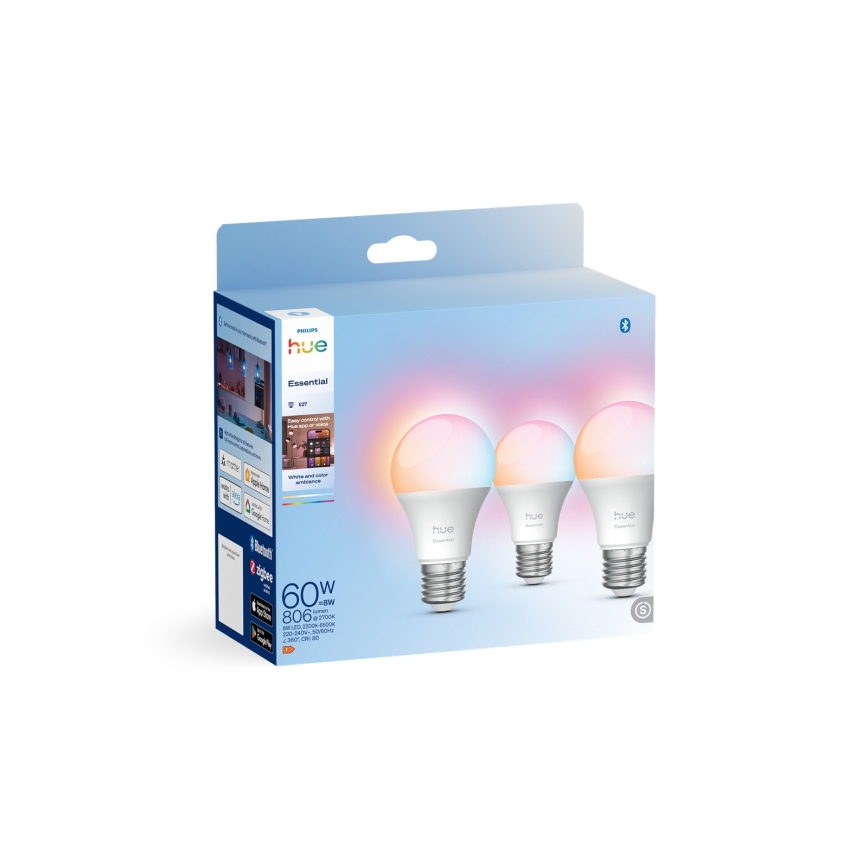 Komplektas 3x dimeriu reguliuojamų LED lempučių Philips Hue White And Color Ambiance Essential E27/8W/230V 2200-6500K