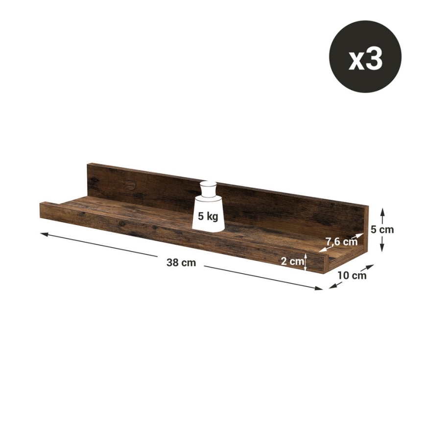 Komplektas 3 vnt. sieninių lentynų SHELFY, rudos