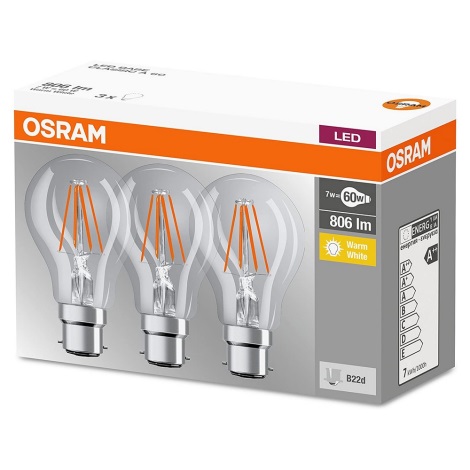 KOMPLEKTAS 3x LED Elektros lemputė B22d/7W/230V 2700K - Osram