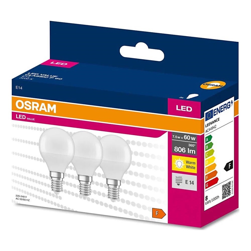 KOMPLEKTAS 3x LED elektros lemputė P45 E14/7,5W/230V 3000K - Osram