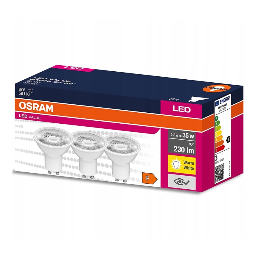 KOMPLEKTAS 3x LED elektros lemputė PAR16 GU10/2,8W/230V 2700K 60° - Osram