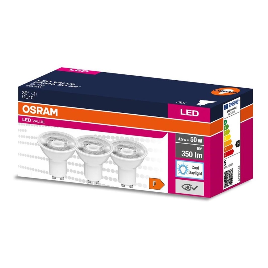 KOMPLEKTAS 3x LED elektros lemputė PAR16 GU10/4,5W/230V 6500K 36° - Osram