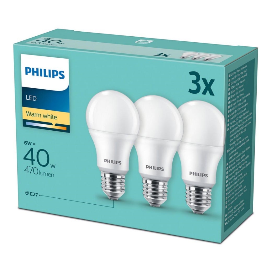 KOMPLEKTAS 3x LED Elektros lemputė Philips E27/6W/230V 2700K