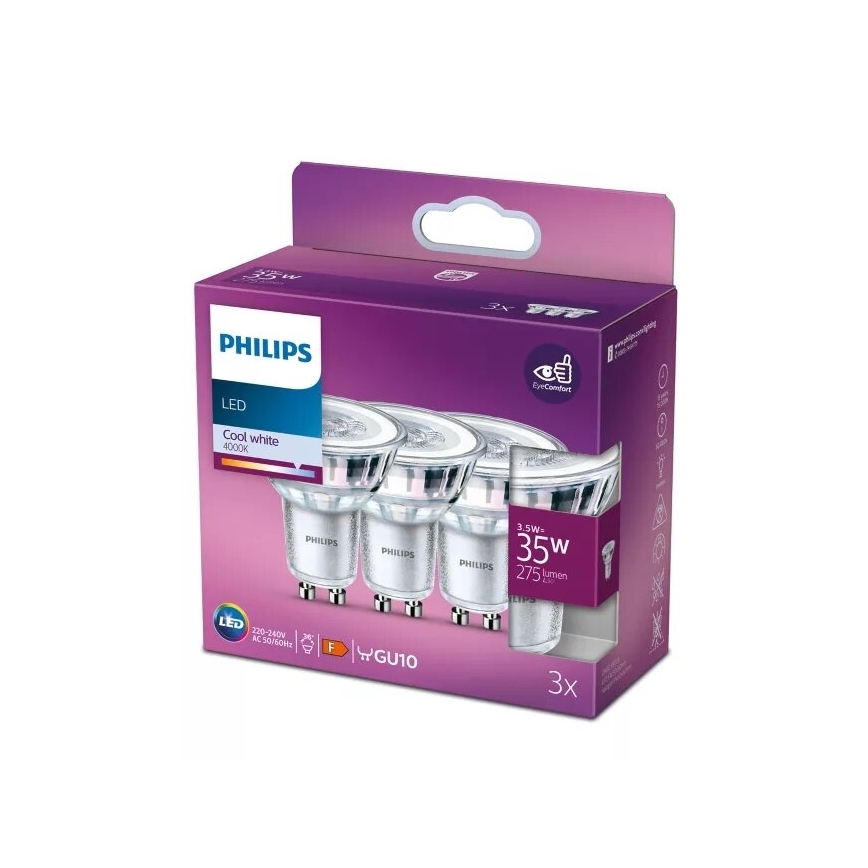 KOMPLEKTAS 3x LED elektros lemputė Philips PAR16 GU10/3,5W/230V 4000K