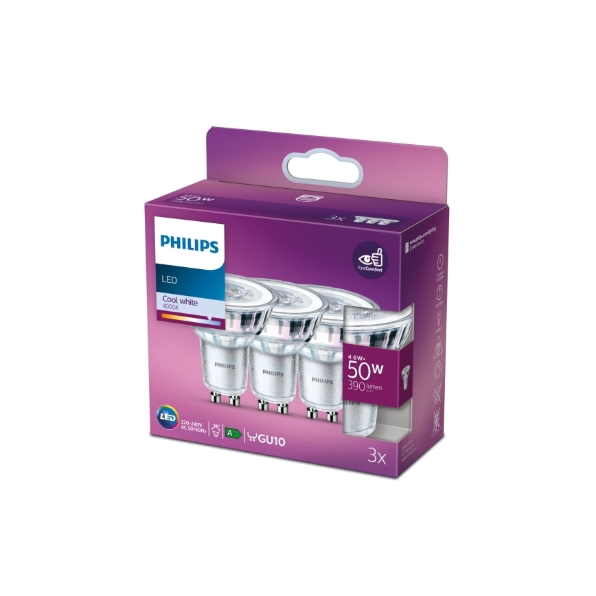 KOMPLEKTAS 3x LED elektros lemputė Philips PAR16 GU10/4,6W/230V 4000K