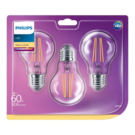 KOMPLEKTAS 3x LED elektros lemputė Philips VINTAGE E27/7W/230V 2700K