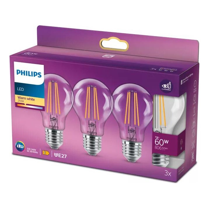KOMPLEKTAS 3x LED elektros lemputė VINTAGE Philips A60 E27/7W/230V 2700K