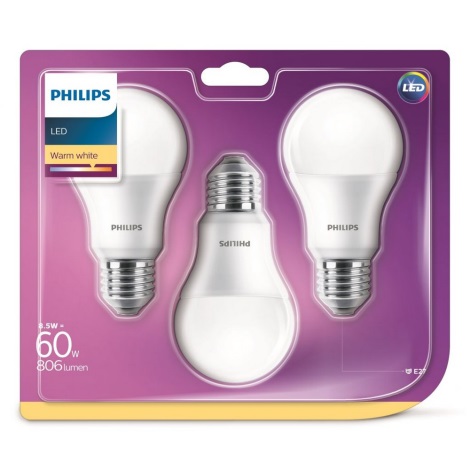 KOMPLEKTAS 3x LED lemputė Philips A60 E27/8,5W/230V 2700K