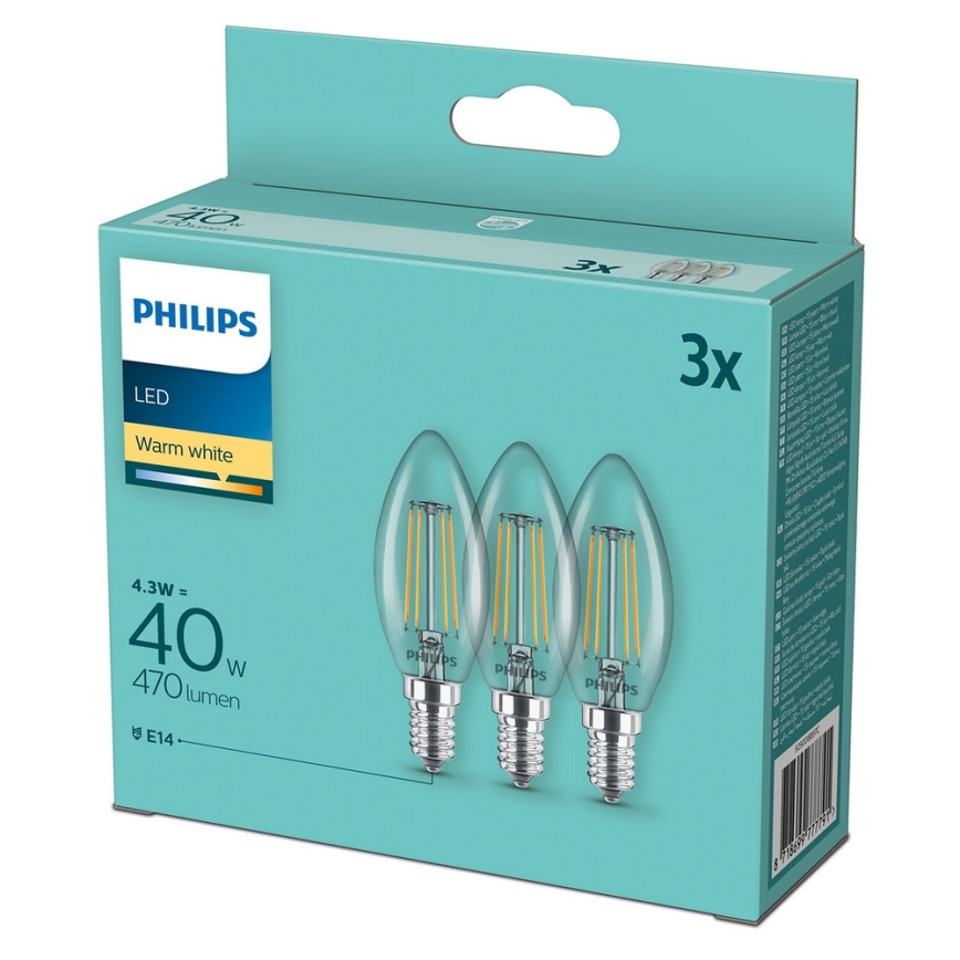 Komplektas 3x LED lemputės VINTAGE Philips B35 E14/4,3W/230V 2700K